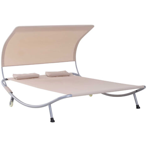 Outsunny Bain de Soleil 2 Places lit de Jardin Design Contemporain Toit réglable 2 roulettes 2 oreillers Acier époxy Polyester Sable