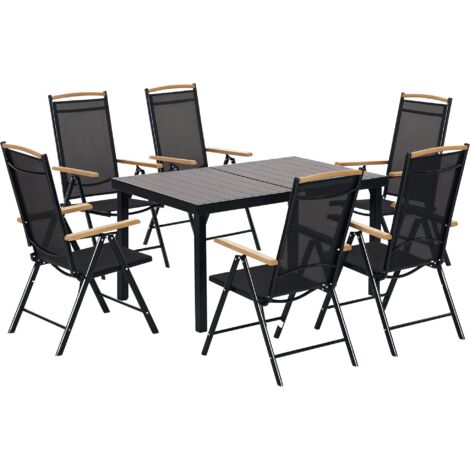 Salon de jardin extérieur 6 personnes, cadre en aluminium, table 140 cm, 6 chaises pliables et inclinables, noir (1/5)