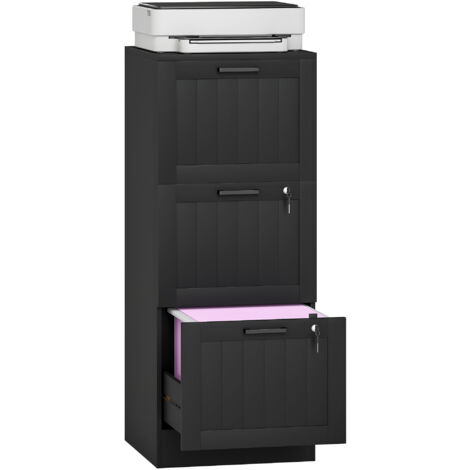 Caisson bureau, meuble rangement bois 3 tiroirs et serrure, barres de suspension réglables, 40 x 40 x 101 cm, noir (1/5)