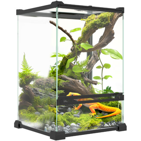 Terrarium en verre pour reptiles vivarium 12 L avec couvercle en treillis métallique, 20 x 20 x 30 cm, noir