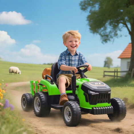 GOPLUS Tracteur Électrique Enfants 12V avec Remorque Détachable, Voiture Électrique Enfants Télécommandé avec Démarrage Arrêt Progressif, Lumières LED et Klaxon,Charge 30KG pour 3-8 Ans (Vert