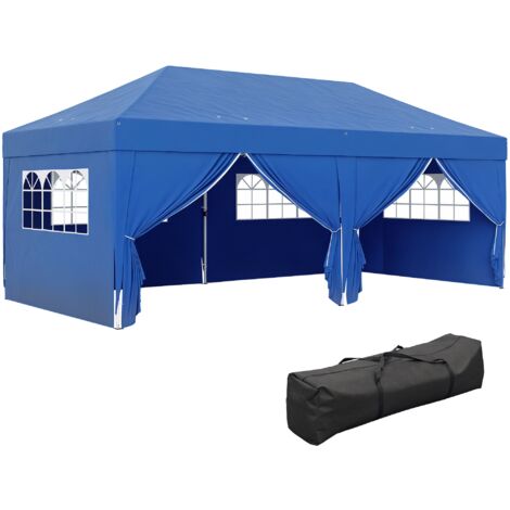 Tonnelle de jardin exterieur tonnelle pliante 3 x 6 m avec 6 parois latérales, sac de transport inclus, bleu (1/5)