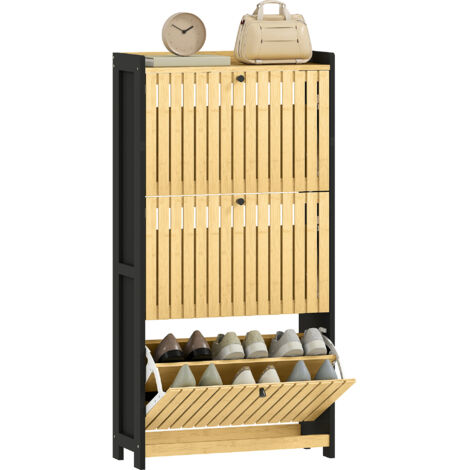 Meuble à chaussures 18 paires avec 3 tiroirs rabattables, portes en bambou à lattes, 60x24x118cm, noir et bois naturel (1/5)