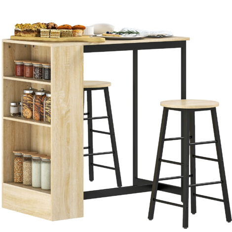 Ensemble table de bar avec tabourets, compartiments ouverts, étagère réglable et repose-pieds, chêne et noir (1/5)