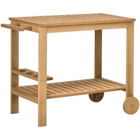 Desserte de jardin chariot pour plancha barbecue en bois avec poignée 2 plateaux et porte-bouteilles 95 x 47 x 74 cm (1/5)