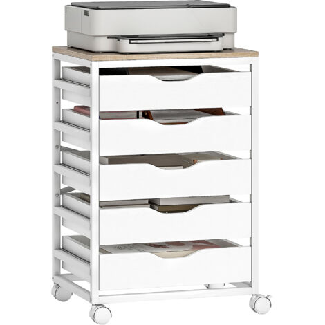 Caisson bureau mobile, meuble rangement sur roulettes bois avec 5 tiroirs, poignées encochées, 50 x 40 x 74,5 cm , blanc (1/5)