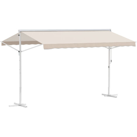 Outsunny Store Double Pente 4 x 3 m Manuel rétractable Inclinaison réglable métal époxy Blanc Polyester imperméabilisé Anti-UV Beige