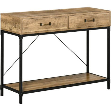 HOMCOM Table Console Table d'appoint d'entrée Industriel dim. 100L x 35l x 76H cm avec 2 tiroirs et 1 plateau Aspect Bois (1/5)