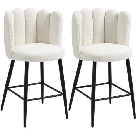 Lot de 2 chaises hautes tabourets de bar avec repose-pieds acier tissu effet laine bouclée hauteur 65 cm crème noir (1/5)