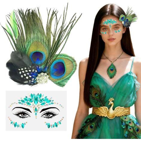 Costume de paon pour femme - Plumes de paon - Accessoires pour cheveux + strass - Visage de paon des années 20 - Accessoires pour carnaval, Halloween, fête à thème, cosplay (1/5)