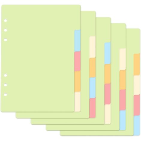 25 Feuilles/5 Ensembles Intercalaires A5, 21x15cm 5 Onglets Colorés 6 Trous, Index de Qualité pour Classeurs A5, Cahier à Feuilles Mobiles et Organiseur Personnel (1/5)
