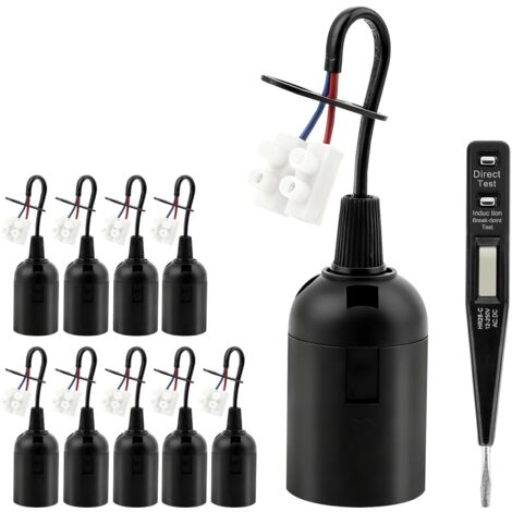 10 Pièces Douille E27, Douille Ampoule, Rénovation Douille Chantier, Support d'Ampoule avec Câble, Bâtiment Base Lumière Suspension avec Testeur Phase, Rechange Bâtiment pour Travaux, Noir (1/5)
