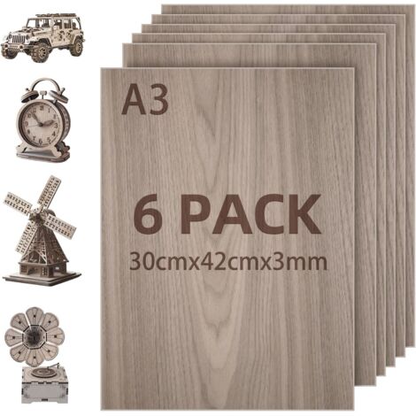 Lot de 6 plaques de contreplaqué de 3 mm - 30 x 42 cm - Découpe au laser - Contreplaqué tilleul A3 - Pour gravure laser, découpe CNC, peinture, bricolage (1/5)