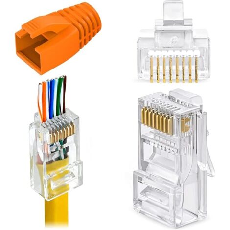 12 Pièces Connecteur traversant RJ45 CAT6, Prise réseau CAT6A plaquée Or, extrémités Cat 6 avec Bottes Anti-Traction