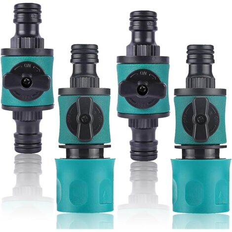 Lot de 4 raccords de tuyau d'arrosage avec valve de régulation - Raccord rapide de tuyau d'eau de 16 mm - Avec valve de régulation à 2 voies pour tuyau d'eau 1/2"