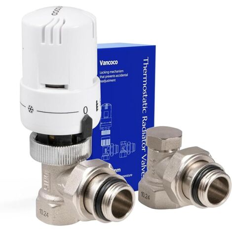 Robinet Thermostatique + Robinet de Retour Kit Complet 1/2 "(15×21), Raccord Étanche, Régulateur de Radiateur, Coude en Équerre, Blanc, Sonde Liquide, Protection Anti-Gel, Norme EN215