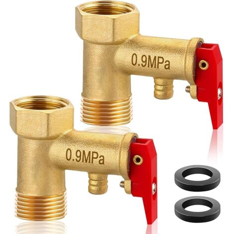 Lot de 2 soupapes de sécurité 1/2", soupape de sécurité en laiton 0,9 MPa, filetage intérieur 1/2" x filetage extérieur 1/2", soupape de limitation de pression pour chauffe-eau, soupape de surpression (1/5)