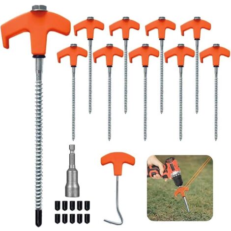 Lot de 10 Piquet De Tente a Visser, Piquets De Tente en Acier avec Filetage Et Support De Corde, Ancrages Au Sol à Visser Accessoires pour Tente, Piquet Auvent pour Le Camping pour Sol Dur et Bois (1/5)