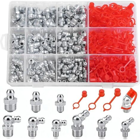 360 Pièces Graisseur a Visser, Assortiment Graisseur M6 M8 M10, Filetage Mâle Graisseurs 45°90°180°, Nickelé Graissage Conique avec Casquette & Boîte en Plastique, pour Équipement Mécanique