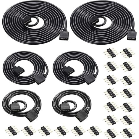 6pcs 0,5m/1m/2m Câble d'extension Bande LED RGB Rallonge de Ruban LED Extension Cable 4 Broches Extenseur Câble Stripe LED Connector, Connecteur pour SMD 5050 3528 2835 RGB LED Strip, Noir