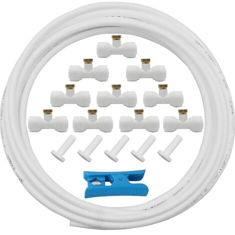 Systeme Brumisation, brumisateur terrasse exterieur Kit, tuyau d'arrosage 5 m + 10 buses de brumisation + 10 sièges de brumisation + 5 bouchons d'extrémité (blanc)