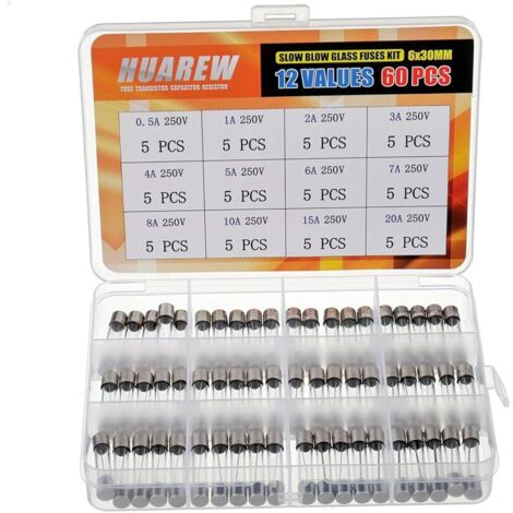 12 valeurs 60 pièces 6x30 mm fusible en verre à fusion lente 0,24x1,18 pouces 250 V tension T 0,5 1 2 3 4 5 6 7 8 10 15 20 A ampli Kit de classification (1/4)