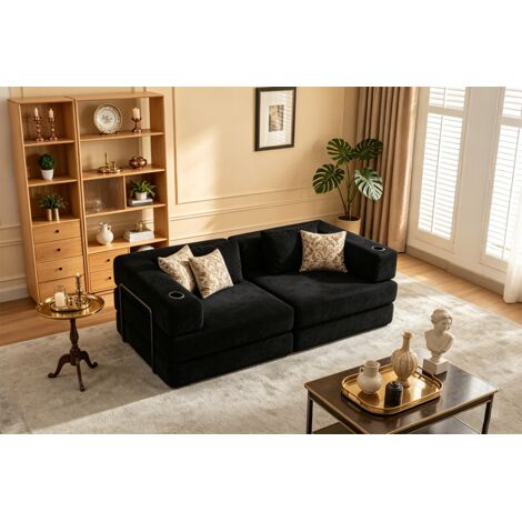 Canapé-lit pliant, méridienne en velours côtelé, canapé convertible avec porte-gobelets et coussins, canapé-lit compact adapté au salon, à la chambre ou à la chambre d'amis, noir. (1/5)