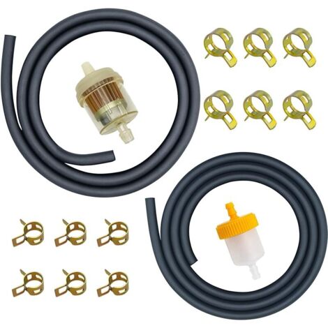 Kit Durite Essence 3/16" & 1/4" (5mm & 6mm) + Filtre + 12 Colliers, 1m+1m Tuyaux Carburant pour Tondeuses Mini Motos Kart ATV 196cc 212cc