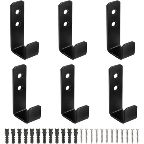 Lot de 6 Crochets Muraux Robustes, Crochets Robustes en Forme de J Patères Noires, Crochets Muraux à Visser Patères Robustes pour Suspendre des Objets Volumineux Support Mural
