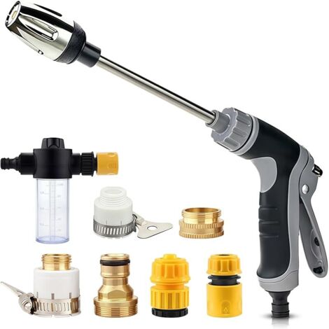 Pistolet pulvérisateur haute pression avec canon à mousse, pistolet d'arrosage à long manche, outil de nettoyage multifonction avec 6 connecteurs de tuyau pour lavage de voiture, terrasse, arrosage de