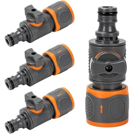 Lot de 4 raccords de tuyau d'arrosage avec valve de régulation 1/2" pour une régulation en continu et une fermeture du débit d'eau, raccord rapide pour le lavage de voiture, l'arrosage et la pluie