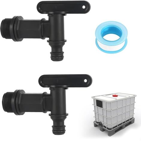 Lot de 2 robinets de rechange en plastique pour citerne d'eau de pluie avec bande étanche, adaptateur 3/4", robinet optimal pour une utilisation pratique dans le jardin et la maison