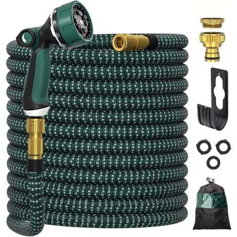 Tuyau d'arrosage, ULTTY Tuyau d’arrosage Extensible avec 1/2" et 3/4" Adaptateurs, 10 Modes d'Arrosage, Latex Triple Épaisseur Durable avec Raccords en Métal et Sac, 30m Vert
