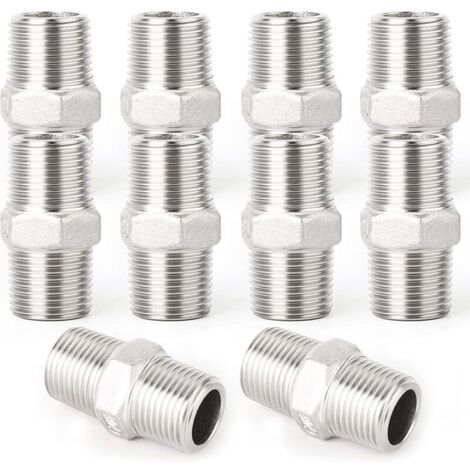 10 pièces raccords de tuyauterie à embout hexagonal en acier inoxydable 304, filetage BSP mâle 1/4" à mâle 1/4", raccord adaptateur droit