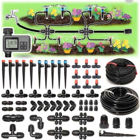 Système d'irrigation goutte à goutte 70 m avec minuterie pour kit d'irrigation automatique - Robinets de verrouillage - Micro goutte à 360 degrés - Kit d'arrosage pour serre 1/2" 1/4" S