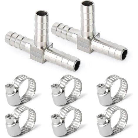 2 pièces 10mm en Acier Inoxydable Tuyau té barbelé, 3 Voies en Forme de T SUS 304 raccord de Tuyau avec 6 pièces Pinces