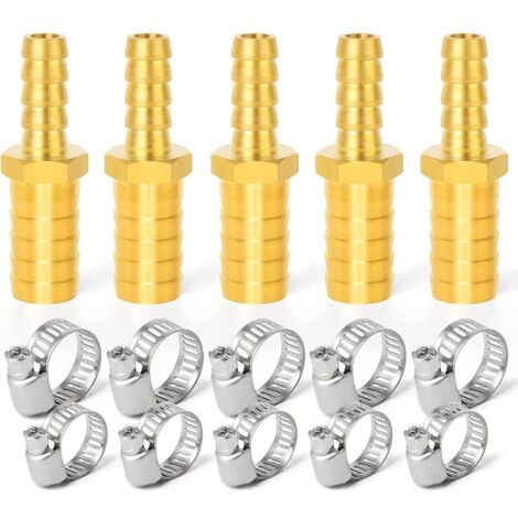 5 pièces 8mm x 10mm connecteur de Tuyau de réduction en Laiton, raccord de Tuyau Droit à 2 Voies avec 10 Pinces