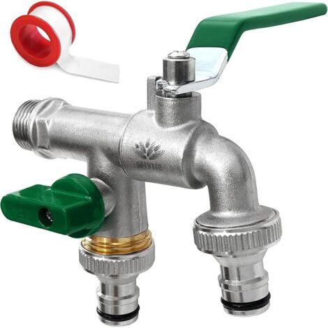 1/2'' Pouce (15/21) Robinet d'eau en Laiton Double de Qualité Supérieure, Résistant à la Rouille et au Gel + 2X Raccords de Tuyau Gratuits + Ebook Pour Jardin, Machine à Laver, Baril de Pluie