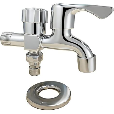 Robinet de Jardin Extérieur Double Sortie Intercalable, Robine Lave-Linge et Arrosage, Entrée 1/2 Pouce (G1/2), Corps en Alliage de Zinc Chromé, Avec Ruban Joints, Pour Balcon et Garage