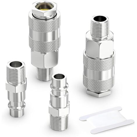 4 Pièces 1/4 Inch Air Line Connectors, 1/4" BSP Male Thread Euro Airline Compressor Fittings, Quick Connect Air Coupler Air Hose Fittings,Air Coupler & Air Plug Kit (1/5)