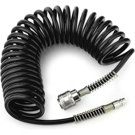 1/4" x 5m Polyurethane Recoil Air Hose 8mm OD With Bend Restrictor, 1/4" Europe Quick Coupler and Plug, For Air Compressor, Black (1/5)