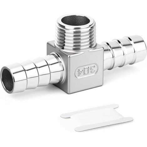 1 pièce raccord en T à barbillon en acier inoxydable 304, 3/8" BSP mâle x 10mm à barbillon x 10mm à barbillon, raccord de tuyau à 3 voies avec collier de serrage pour air/liquide/gaz