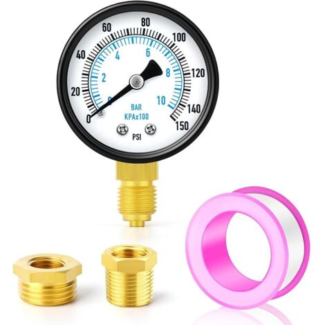 0-10 bar/0-150 psi Manomètre pour pompe de puits, cadran 2", 1/4" BSP, avec 2 douilles hexagonales en laiton 3/8" à 1/4" et 1/2" à 1/4", montage inférieur eau huile air