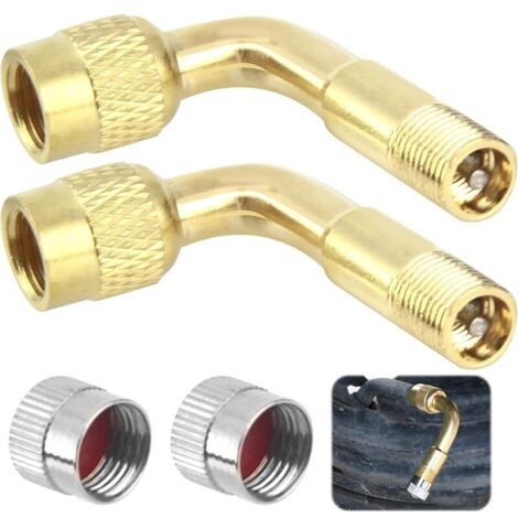 2 Pièces Extensions de Valve 90 degrés en Cuivre, Rallonge Extension Valve Pneu, Adaptateur de Valve Angulaire Durable et Robuste, Kit d'Extension de Tige de Pneu Pour Voiture, Moto, Vélo, Scooter (1/5)