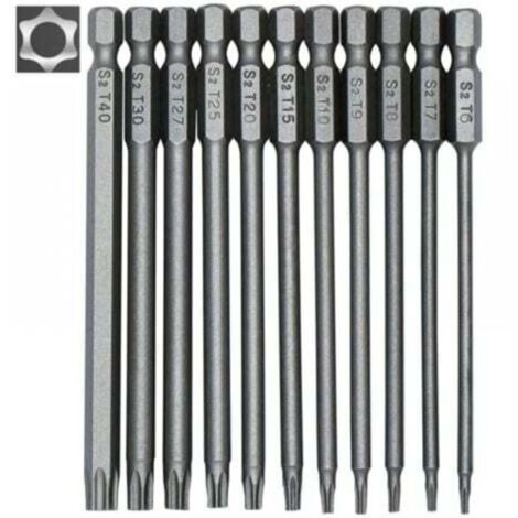 Jeu d'embouts de tournevis longs 11 pièces - embouts magnétiques - tige hexagonale 1/4" - tailles T6 à T40 - longueur 100 mm (1/4)