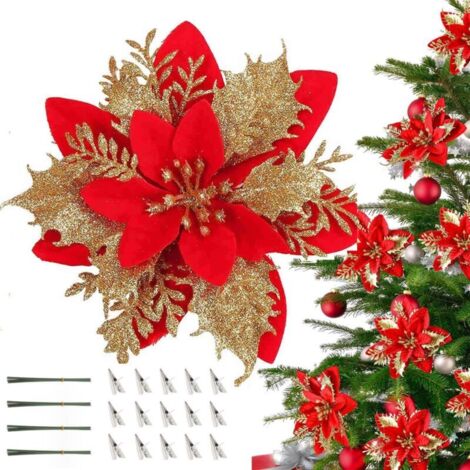 20 pièces décorations de noël, fleurs de noël artificielles avec clips, guirlande d'arbre de noël scintillante pendentifs de fleurs artificielles