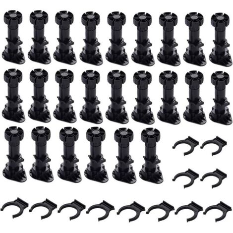 24 Pièces Pieds D'Armoire Plastique, Pied de Meuble, Pied Réglable pour Meuble, Noir Pieds de Meuble Plastique avec Clip Fixation Base pour Meubles de Cuisine, Armoire et Canapé (150mm-180m (1/4)