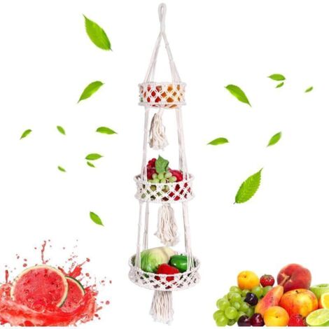 Corbeille à fruits tissée à la main avec corde en coton, filet circulaire en bambou bohème, panier à fruits tissé, panier suspendu à 3 niveaux pour cuisine, pour stocker des fruits et légumes (1/4)
