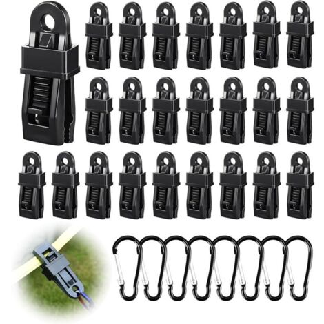 32 Pièces Attache Bache Piscine Set, 24 Pince pour Bache et 8 Mousqueton, Fixation Bache pour Camping, Carvanes, Pique-Nique (1/4)