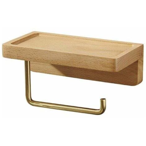 Devidoir Porte Papier Toilette Double Installation Bois Massif Hêtre Dérouleur Support Papier WC Mural Auto-adhésif Coins Arrondis Porte Rouleau de Papier Décor pour la Salle de Bain Cuisine(Hêtre) (1/4)